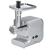Bomann FW 447 CB Fleischwolf, 1200 Watt, 3 Edelstahl-Lochscheiben (7/5/3 mm), Edelstahlmesser, Rücklauffunktion, Gebäckaufsatz u. Wurstfülleraufsatz, Silber, M