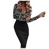 GFGHH Damen Langarm Bodycon Abendkleid, Weihnachtskleid Vintage V-Ausschnitt Pailletten Patchwork Bürokleid Elegant Businesskleid Figurbetonte Knielang Blazerkleid Kleider Für Hochzeit, S