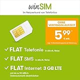 winSIM Handyvertrag LTE All 3 GB - ohne Vertragslaufzeit (FLAT Internet 3 GB LTE mit max 50 MBit/s mit deaktivierbarer Datenautomatik, FLAT Telefonie, FLAT SMS und EU-Ausland, 5,99 Euro/Monat)