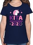 Schulkind Einschulung und Schulanfang - Kita Abgängerin 2022 rosa/lila Einhorn Sterne - 152 (12/13 Jahre) - Dunkelblau - Kita abgängerin Shirt - F131K - Mädchen Kinder T-S
