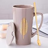 MUXUE Große Teetassen 500ml, Elegante Kaffeetasse mit Deckel und Löffel, Keramik Kaffee Tee Tasse für Freunden und Familien Als Überraschungsgeschenk（Grau）