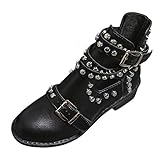 Supertong Damen Stiefeletten Stiefel Schwarz mit Niet Perlen Schnür Biker Boots Motorradstiefel Frauen Mädchen Stiefel Ankle Booties mit Blockabsatz Lack S