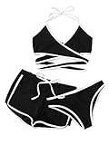 DIDK Damen Wickel Bikini Set mit Short 3 Piece Neckholder Schwimwear Bademode Schwarz M