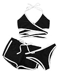 DIDK Damen Wickel Bikini Set mit Short 3 Piece Neckholder Schwimwear Bademode Schwarz M