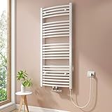Badheizkörper, 1200 x 500 mm handtuchheizkörper, Mittelanschluss Warmwasser oder Elektrisch mit Heizstab, weiß Gebogen Handtuchtrockner inklusive Kabel & Stecker (500 Watt)