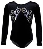 Mädchen Langarm Gymnastikanzug aus Stretch Velvet blickdichter Kinder Turnanzug mit Rundhals Samt & Hexagon-Pailletten Turnbody Gymnastiktrikot Turntrikot Farbe Schwarz, Größe 152