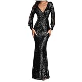 Frauen Langarm formales Ballkleid Paty Kleid, sexy V-Ausschnitt Pailletten Slim Fit Meerjungfrau Elegant Cocktail Bodycon Abendkleid, Schwarz , M