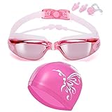 Canst Kaser Schwimmbrillen + Badekappen/Bademütze/Schwimmkappe, Schwimmbrille mit Antibeschlag und UV Schutz für Damen Herren & Kinder, Geschenke Nasenklammer,Ohrstöpsel (Rosa)
