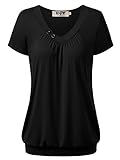 DJT Damen Basic V-Ausschnitt Kurzarm T-Shirt Falten Tops mit Knopf Schwarz M