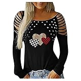 LFYYDS Damen Bluse Vintage Drucken Oberteil Top Lässiges Rundhals Langarmshirt für Frauen Mode Slim Fit Aushöhlen Tshirt Top mit Niet Bequem Weiches Valentinstag Longsleeve T