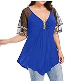 T-Shirt Sommer Damen Blusen Elegante Spitze Bluse Tunika Oberteile T-Shirt V-Ausschnitt Tops Tunika Frauen Lose Oberteil Sommerbluse Tops Shirt(Blau,XXXXL)