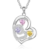 jewelora 3 Namen Damen Kette mit Herz Anhänger Stimulierter 3 Geburtsstein mit Kette geburtsstein mit Name 925 Sterling Silber vergoldet Schmuck D