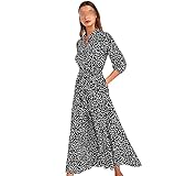 Vintage Blumendruck Langer Rock Damen Boho Stil Langer Rock Revers Casual Hemdkleid Robe, Schwarz 3, 36