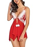 Lucyme Damen Weihnachten Negligee Sexy Babydoll Unregelmäßiger Hem Lingerie Vorne Offen Rote Nachtwäsche Xmas Dessous Set mit G-String,Aa-rot, L