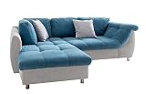 lifestyle4living Ecksofa mit Schlaffunktion in Blau/Hell-Grau mit großen Rücken-Kissen, Microfaser-Stoff | Gemütliches L-Sofa mit Longchair im modernen Look