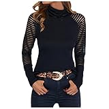 L J Langarmshirt Damen Rundhals Oberteile Bluse T-Shirts Damen Halb High Neck Sexy Spitze Spleißen Langarm Schwarzes Top Damen Sp