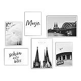 Köln Bilder Set - Schwarz Weiß - 6er Set Köln Poster - Cologne - Dom - Köln Spruch - Wohnzimmer Bilder - 30x40cm & Din A4 - ohne R