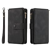 SCRENDY Hülle für Xiaomi Redmi Note 10 5G, Handyhülle PU Leder Handytasche mit 15 Kartenfächer Geldbörse Trageband Schutzhülle Flip Wallet Case with Kameraschutz, Schw