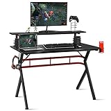 GOPLUS Gaming Schreibtisch, PC Schreibtisch aus Metall & MDF, mit Ablage, Headset- & Getränkehalter, Gamepad Halter & 2 Audioständern, Ergonomischer Tisch, für Zuhause, Bü