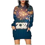 BOTCAM Hoodie Damen Kapuzenpullover Lange Herbst Winter Frauen Vintage 2022 New Year Drucken Langarm Lose Lässiges Kleider Kapuzentop Mit Taschen Langarmshirt Sweatshirt Festliche Geschenk M