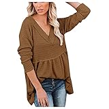 Langarmshirts für Damen, V-Ausschnitt, Bluse, Basic-Tunika, T-Shirt, lässig, Teenslose, Pullover Tops, coffee, Larg