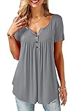 Bequemer Laden T-Shirt Damen Sommer Kurzarm Tunika Knopfleiste Bluse Casual locker Longshirt Oberteile Top,Grau,L