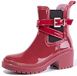 Mishansha Gummistiefel Damen Kurzschaft Regenstiefel Chelsea Wellington Rain Boots Gummi Wasserdicht Gartenschuhe Frauen mit Blockabsatz (Schnalle Rot, 41 EU)