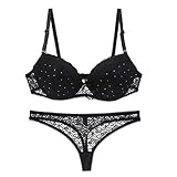 Swbreety Damen Dessous Sexy Push Up Spitze BH Unterwäsche Bikini Höschen Set - Schwarz - 90E
