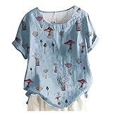 T Shirt Damen Bluse Elegant aus Baumwolle & Leinen, Gänseblümchen Sommer Oberteile Solid Basic Shirt Sonnenblume Tops Kurzarm Bluseshirt Rundkragen Blusehemd Tunika Hemd Blumenshirt (Blau, XXXL)