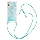 CaseLover Handykette Handyhülle für Motorola Moto G30/Moto G10, Glitzer Flüssig Bewegende Treibsand Transparent Silikon Case mit Kordel zum Umhängen Necklace Hülle Band für Moto G10/G30, Silber B