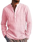 AUDATE Herren Leinen Baumwolle Hemden Henley Shirt Langarm Roll-up Basic Shirt Rosa XL