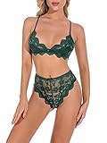 DELIMALI Damen Sexy Dessous Set 2 Teile/3 Teilig Spitze BH + Höschen #2 Grün L