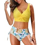 VESNIBA Bikini High Waist Damen Zweiteiliger Bikini Set Badeanzug Rüschen Bedruckt Bademode mit Hoher Taille Bikinihose Push-up Bikinioberteil Tankini Strandkleidung