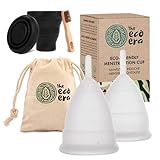 The Eco Era Menstruationstassen-Set 'Größe S+L', mit Sterilisationstasse, Baumwolltasche und Bambusbürste - Alle Artikel sind farbstofffrei, geruchlos - 5 Tlg. S