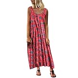 LOPILY Sommerkleid Damen Große Größen Ärmellos Kleid Rundkragen Maxikleid Blumen Druckkleid Freizeit Kleid Hohe Taillen Kleid Retro Kleid für Reise Übergrößen bis 5XL