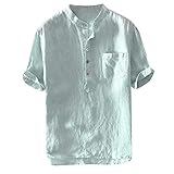 AXIU Oversize Streifen Leinenhemd Herren Kurzarm Grandad Ausschnitt, Männer Freizeithemd Henley Shirt Sommer Casual Hemden Leichte Atmungsaktives Bequem Leinen S