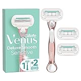 Gillette Venus Deluxe Smooth Sensitive Rasierer Damen, Damenrasierer + 3 Rasierklingen mit 5-fach Klinge, RoseGold, Muttertagsgeschenk
