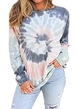 EFOFEI Frauen Tie Dye Hoodie Sweatshirt Rundhalsausschnitt Langarm Lose Sweatshirt Farbe Block Tops Langarm Shirt Grau Blau 2XL