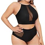 Plus Size Schwimmbekleidung für Frauen 2-teilige Split-Badeanzüge Solid Net Yarn Splicing Bikini Set Beachwear mit hoher T