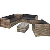 TecTake 800825 XXL Polyrattan Sitzgruppe, frei zu gruppierende Elemente, inkl. Aufbewahrungsbox mit Hubautomatik für Polster, Tisch mit Glasplatte (Natur | Nr. 403725)