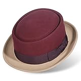 Pork Pie Hüte für Männer/Frauen, 100% Wollfilzhut Stout Porkpie Breaking Bad Hat Flat Top Fedora Hüte Bootsschuhe Derby Crushable, Burgunderrot + Hellbraun, 58 EU