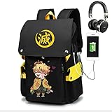 EDMKO Schule Rucksack Anime Demon Slayer Laptop Tasche Druck Agatsuma Zenitsu Daypacks Backpack USB Schultasche Wasserdicht Ranzen Schultertaschen für Damen Herren,Schw