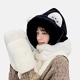QQYY Niedliche Panda Tier Wintermütze 3-in-1 Warm Plüsch Hoodie Kapuze Klaue Handschuhe Handschuhe Schal Set-EIN Muss Für Mädchen,Weiß