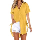 Damen Schnür Button Up Hemd Einfarbiges Sexy Kurzarm Tops mit V Ausschnitt Sommer Langes Casual T-Shirt aus Baumwolle Elegante Übergröße Blusen Ob