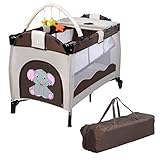 COSTWAY 3 in 1 klappbares Reisebett & Wickeltisch & Laufstall, Babybett bis 14kg belastbar, Kinderreisebett rollbar, inkl. Spielbogen, Wickelauflage und Tragetasche (Braun)