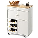 GIANTEX Küchenwagen aus Holz, Küchen Servierwagen weiß mit Rollen, Arbeitsplatte mit 1 Schublade & 3 Türen, Küchenregal mit Flaschenablagen, Haushaltswagen Rollwagen Allzweckwagen für Kü