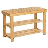 SONGMICS Schuhregal, Schuhschrank mit Sitzbank, Bambus Schuhbank mit 3 Ablagen, 70 x 28 x 45 cm ideal für Flur, Bad, Wohnzimmer, Diele, LBS04N