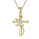 BlingGem Ketten Damen aus Gelbgold vergoldet 925 Sterling Silber mit Rundschliff Zirkonia Kreuz Rosen-Blume Anhänger Halskette Frauen,18 I