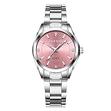 Uhr Damen,Elegant Stahl Armband Analog Silber Quarz-Uhr,Geschenke für Dich und Deine Familie (Rosa)