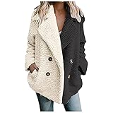 Zweifarbige Nähte Winterjacke Damen Kurz Vorne Offen Lange ÄRmel Faux Wolle Mantel Mit Taschen Cardigan Jacke Plüsch Oberbekleidung Revers Outwear Leistentaschen Zweireihig Coat Casual Plüschjack